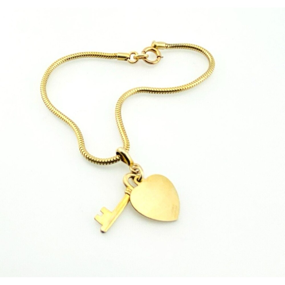 Vintage Gold Filled Heart Key Charm Snake Chain Bracelet Signed 6.75 Inch